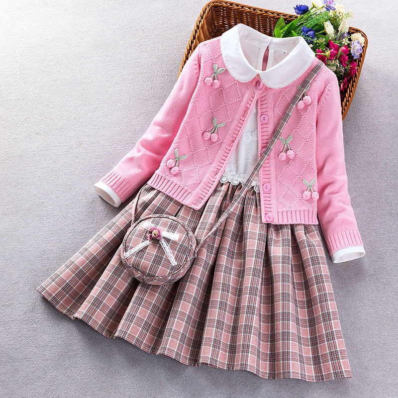 チェック 服 さくらんぼ刺繍カーディガン付き丸襟チェック柄ワンピース