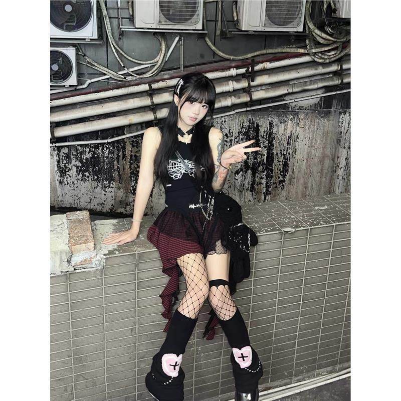 チェック 服 チェック柄アシンメトリー裾不規則レースフリルスカート