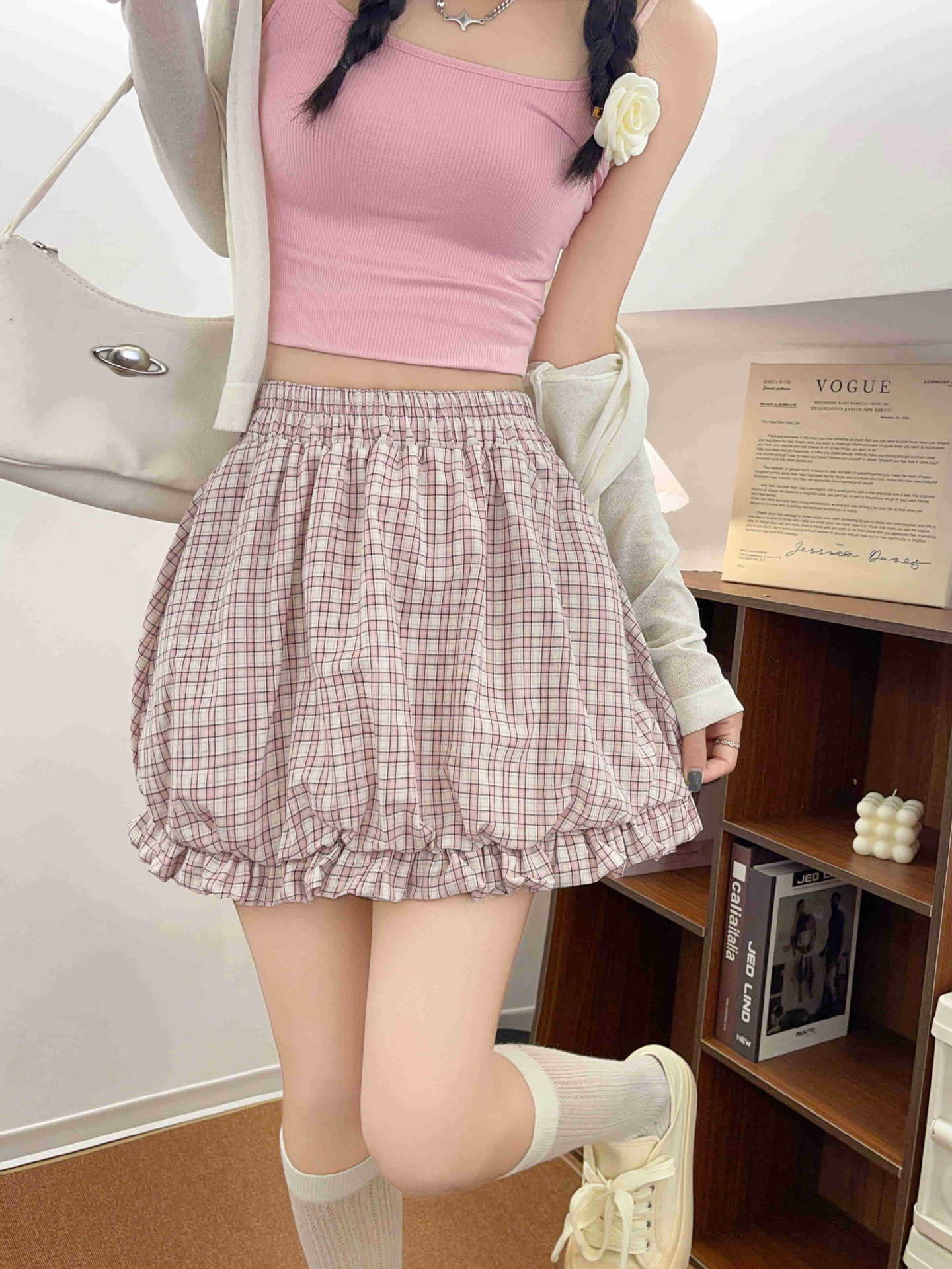 チェック服 フリルヘム チェック柄バルーンスカート