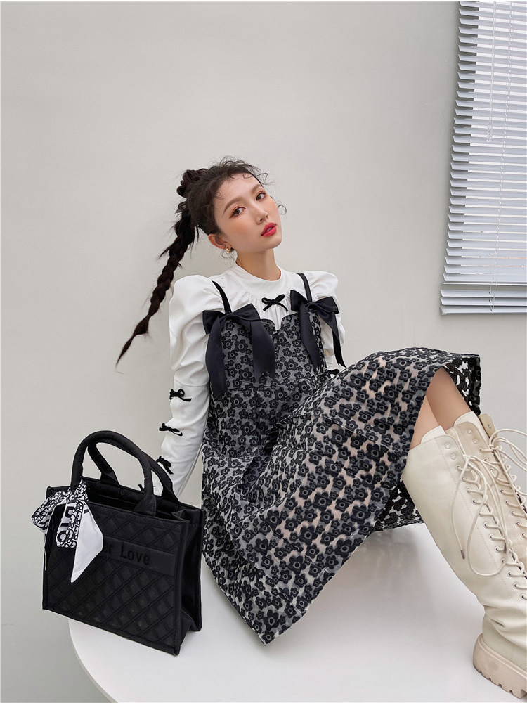 チェック 服 パフスリーブブラウス重ね着風花柄キャミソールドレス