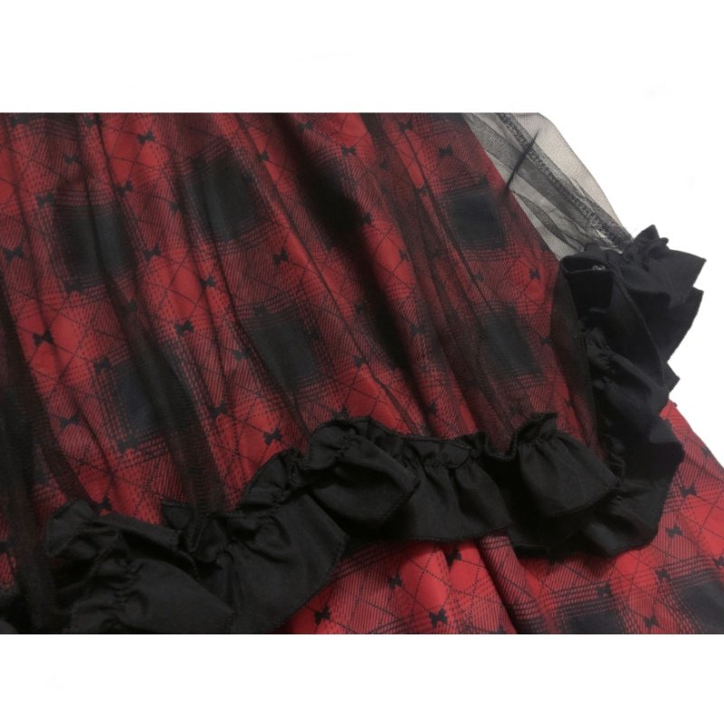 チェック 服 花柄チェック切替不規則裾フリルロングスカート