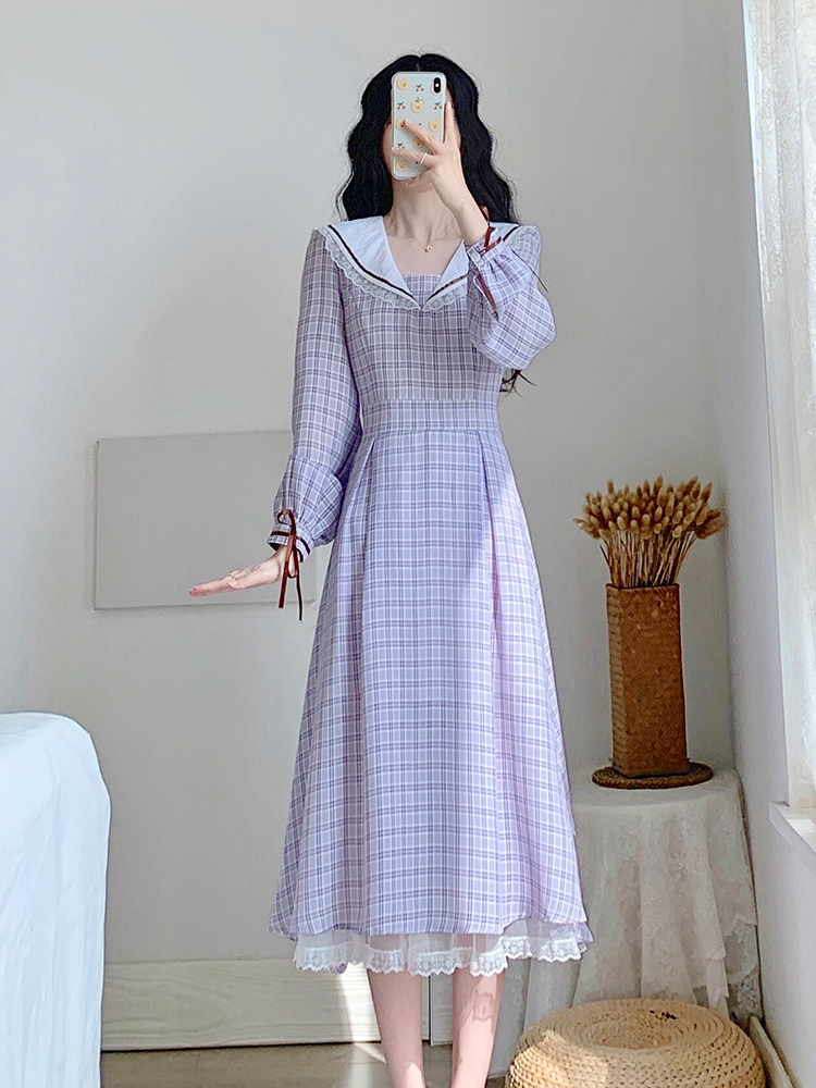 チェック服 チェック柄セーラーカラーワンピース