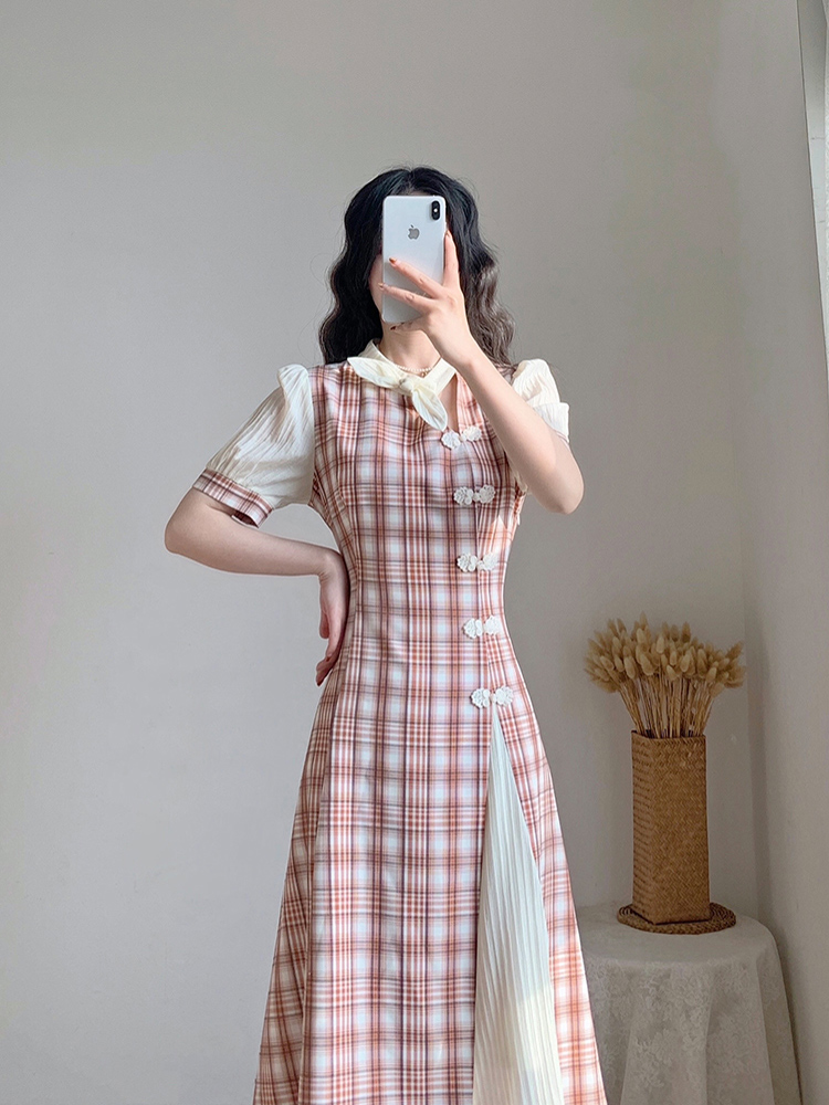 チェック服 チャイナ風チェック柄ロングワンピース