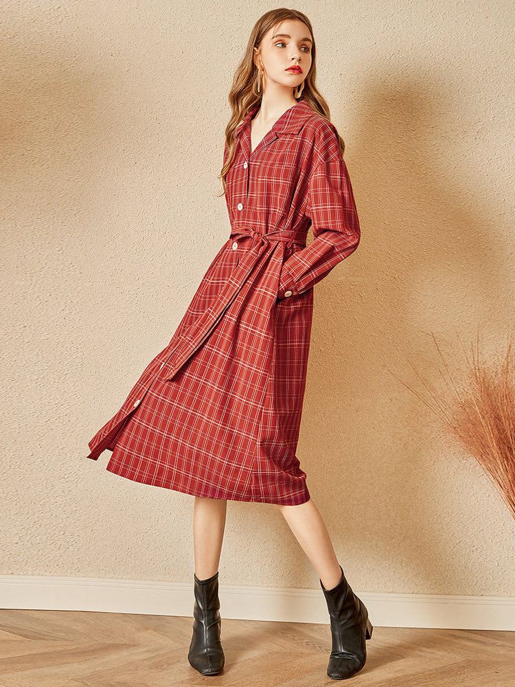 チェック 服 チェック柄テーラード襟ウエストリボンワンピース