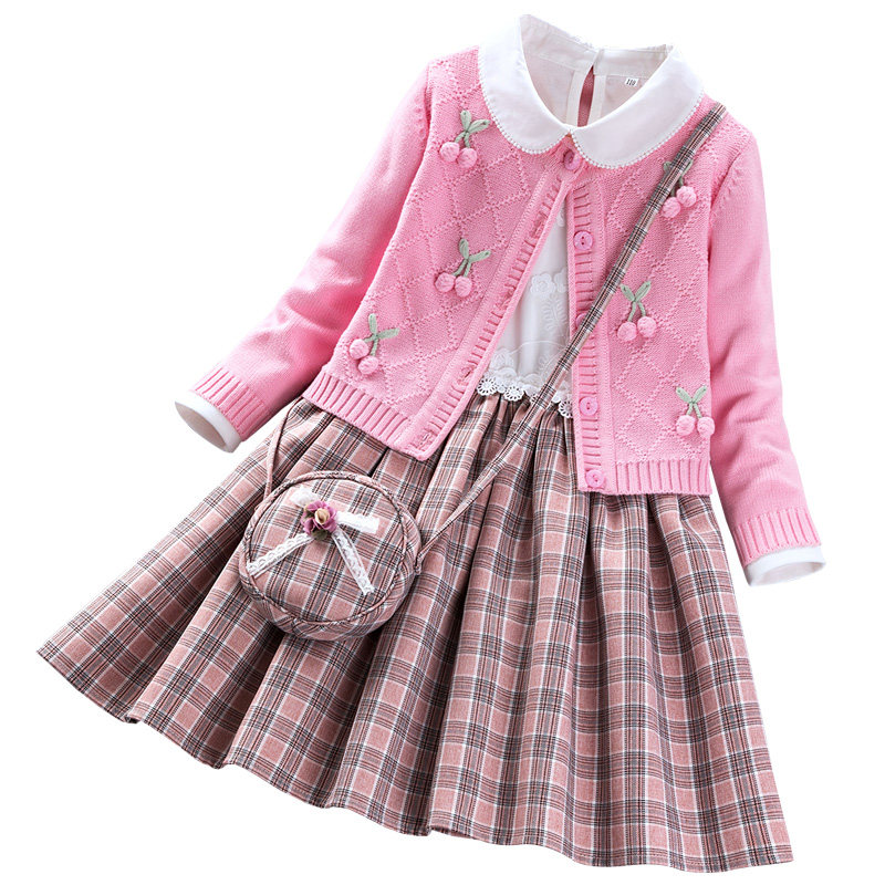 チェック 服 さくらんぼ刺繍カーディガン付き丸襟チェック柄ワンピース