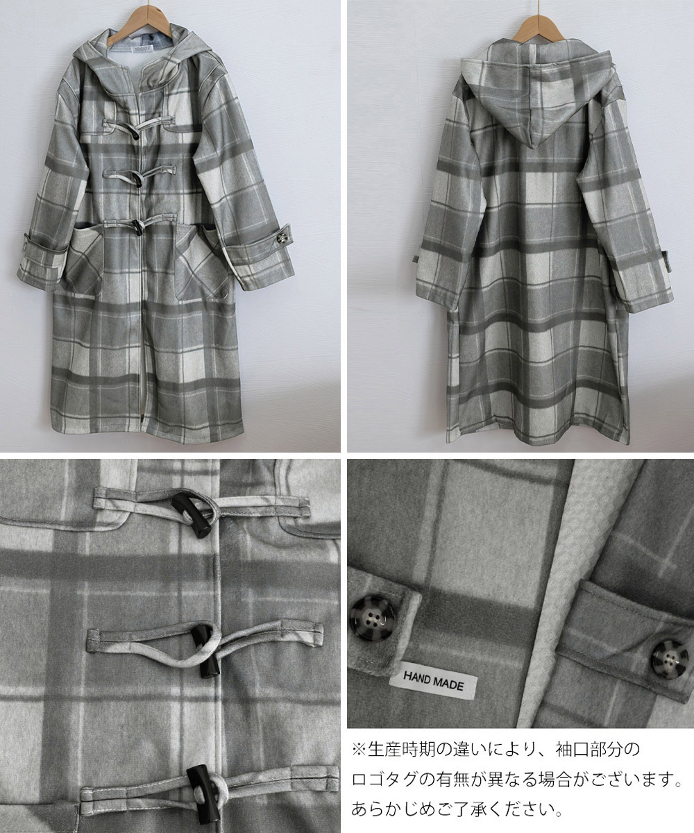 チェック 服 チェック柄フード付きトグルボタンロングコート