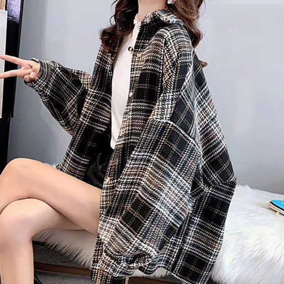 チェック 服 チェック柄オーバーサイズシャツ長袖レディース襟付き