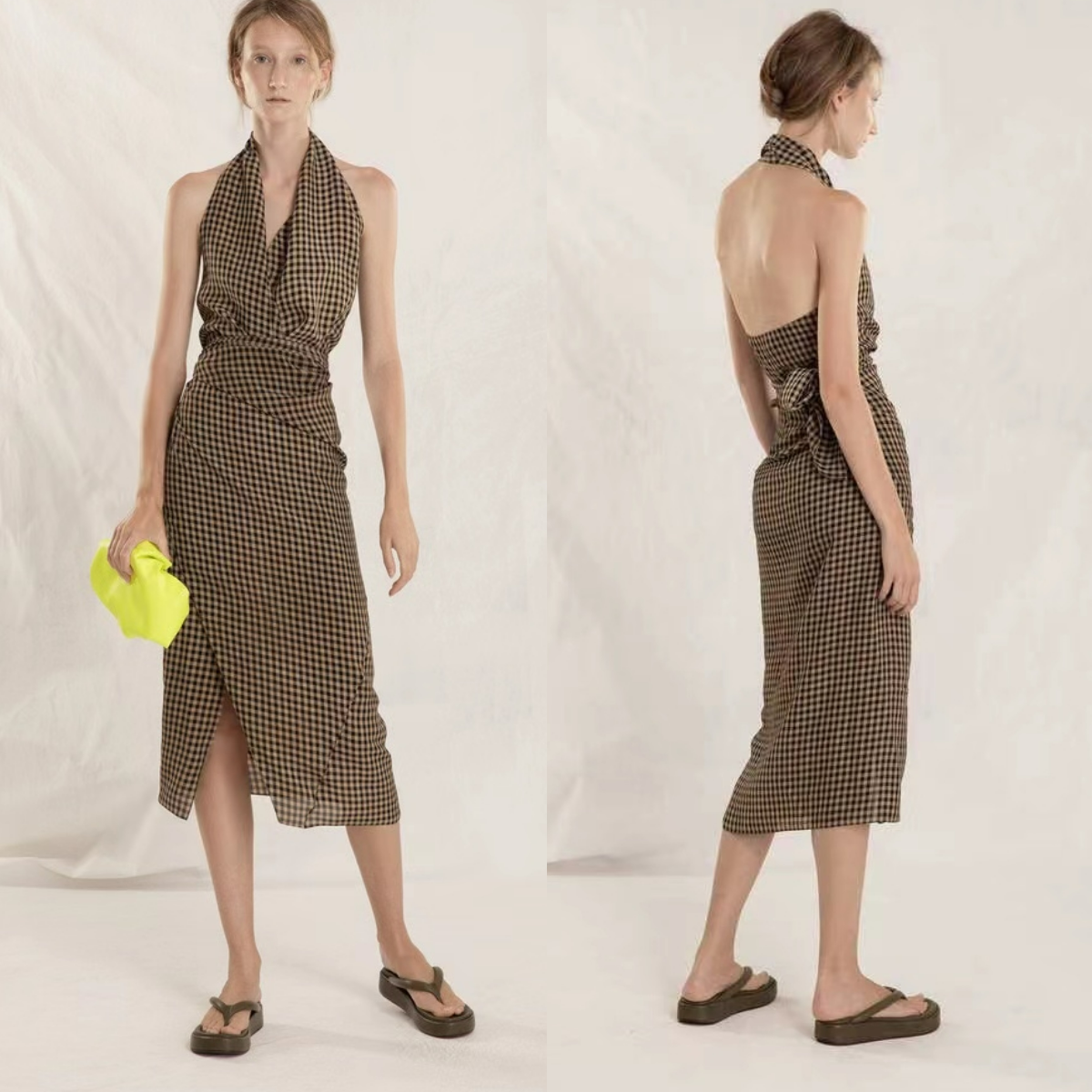 チェック 服 千鳥格子柄ホルターネック背中開きワンピース