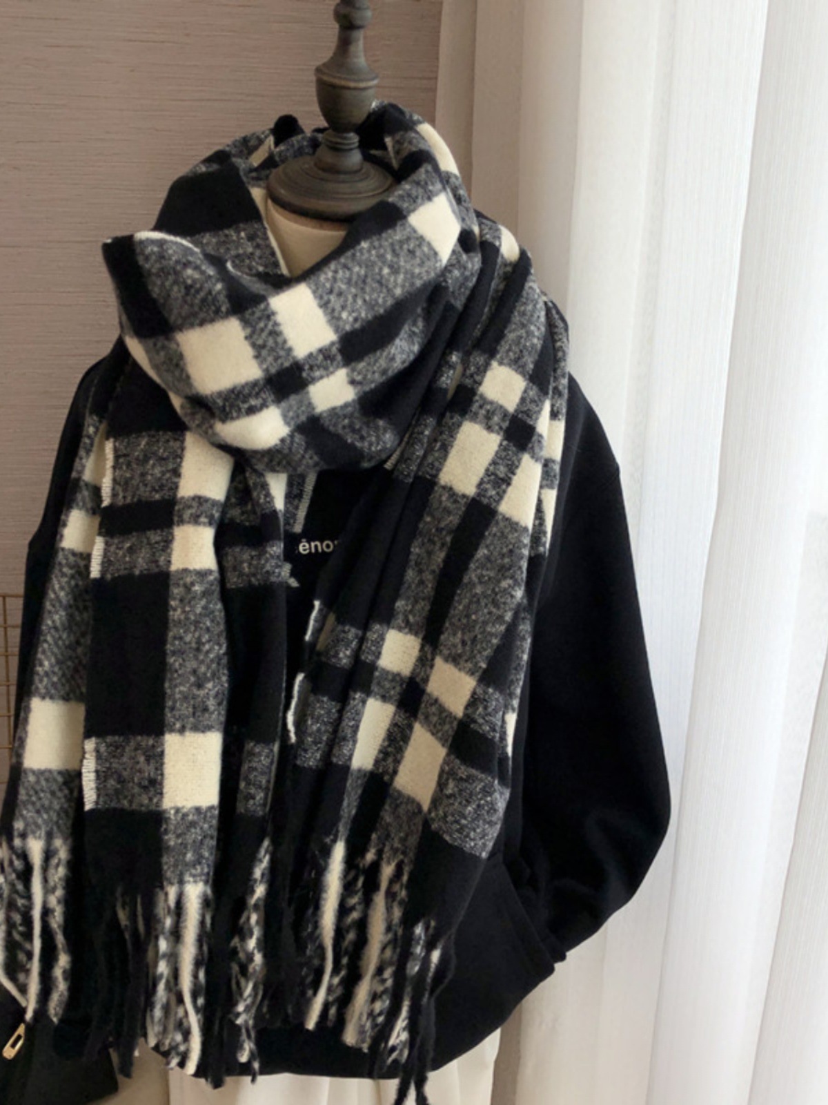 チェック 服 大判チェック柄フリンジ付きマフラー