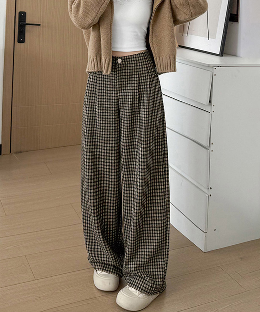 チェック 服 チェック柄ワイド美脚ハイウエストパンツ 