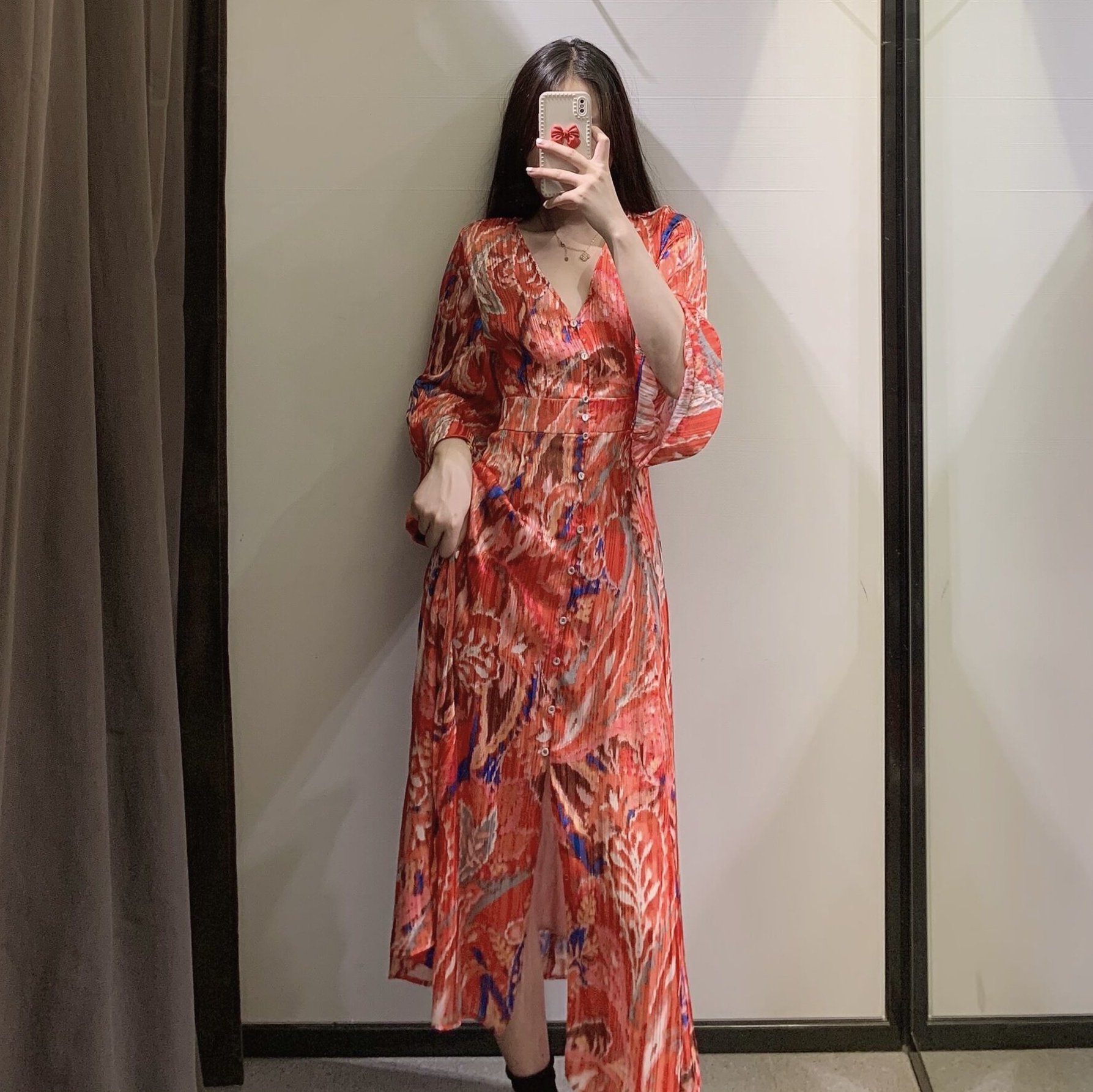 チェック 服 抽象柄プリント深Vネック長袖マキシ丈ドレス