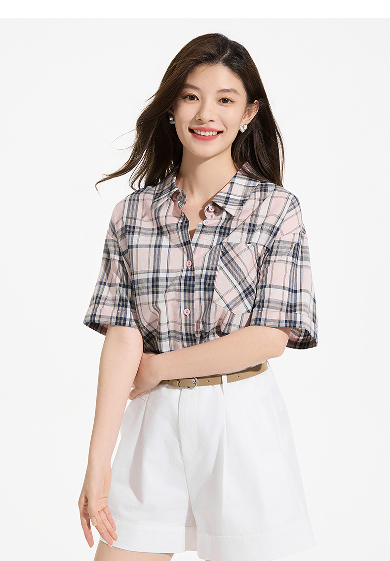 チェック服 レトロ風チェック柄半袖シャツ