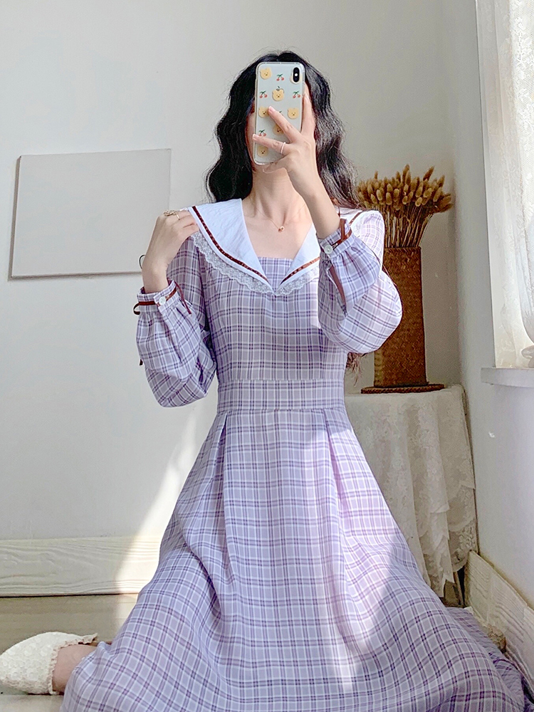 チェック服 チェック柄セーラーカラーワンピース