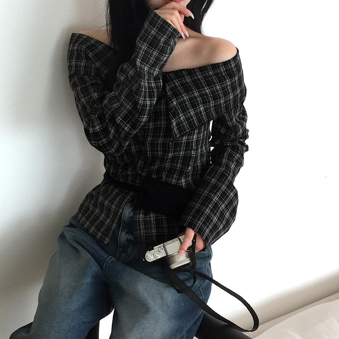 チェック 服 レディース チェック柄 長袖 オフショルダー ブラウス