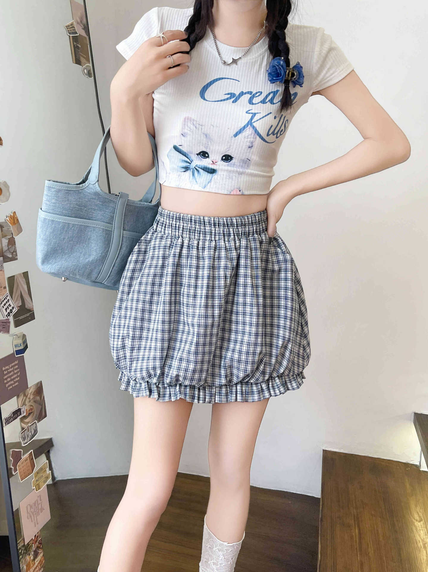 チェック服 フリルヘム チェック柄バルーンスカート