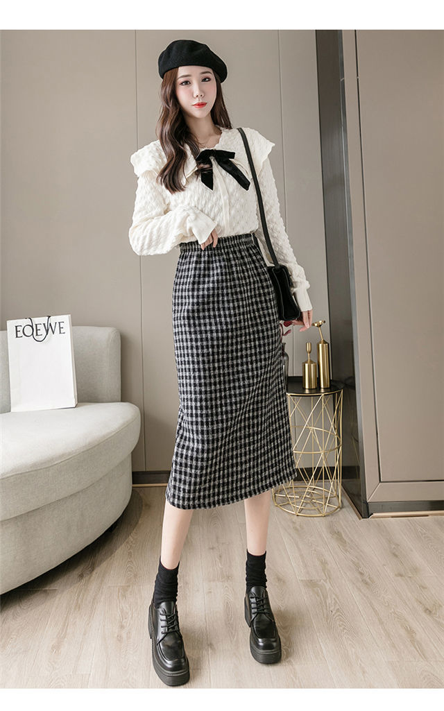 チェック 服 チェック柄ミドル丈裏起毛スリット入りスカート