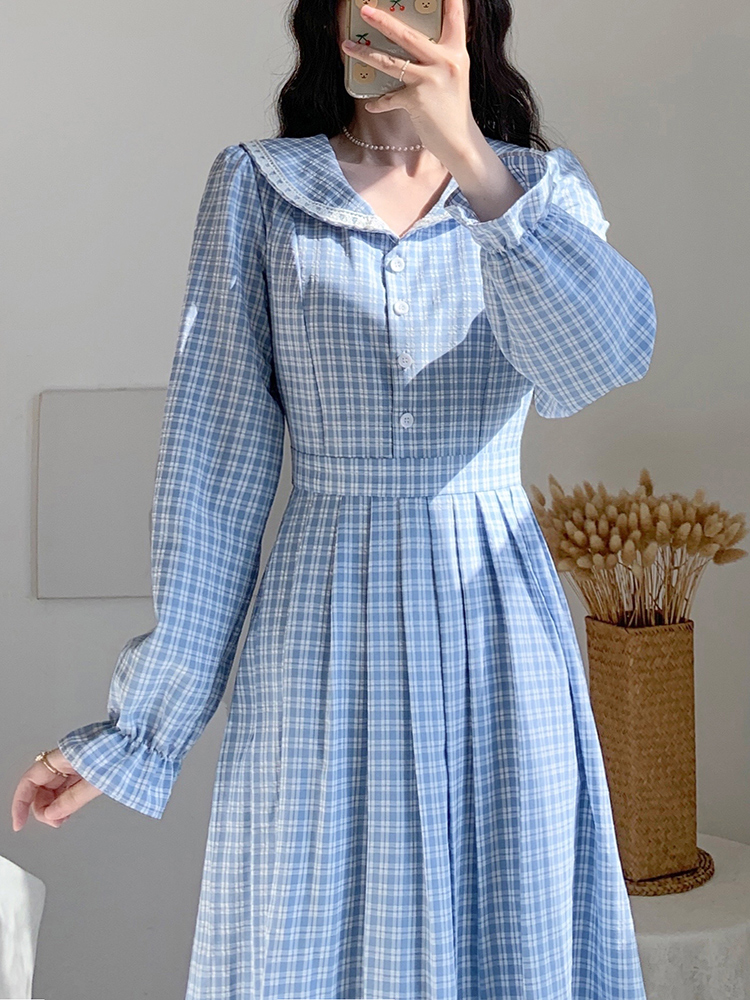 チェック服 クラシカルチェック柄レース切替フレアワンピース