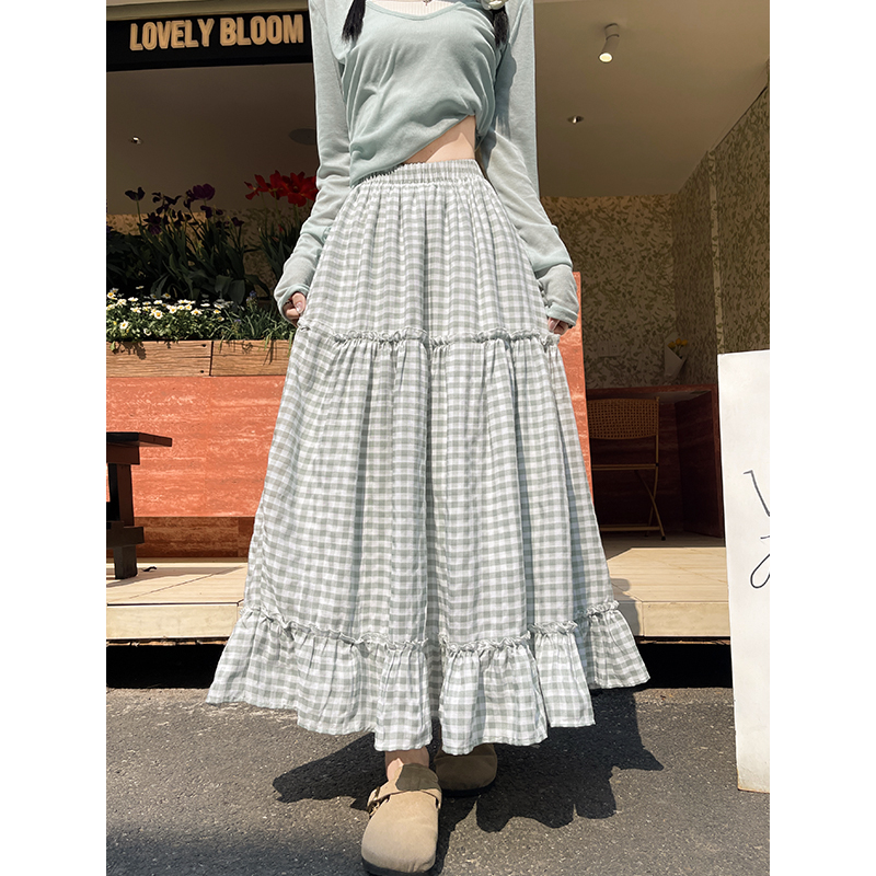 チェック服 チェック柄フリルロングスカート