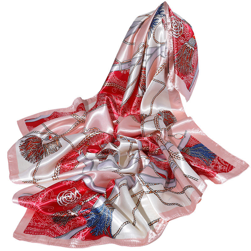 チェック 服 馬柄刺繍入り光沢サテン大判スカーフマフラー