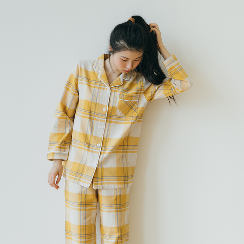 チェック 服 チェック柄開襟長袖パジャマ上下セット