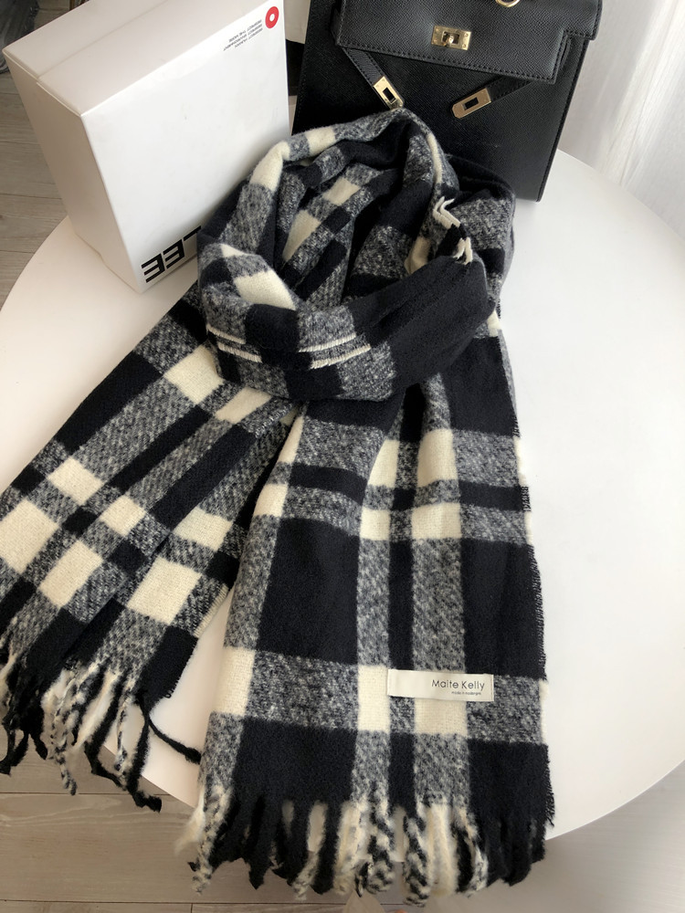 チェック 服 大判チェック柄フリンジ付きマフラー
