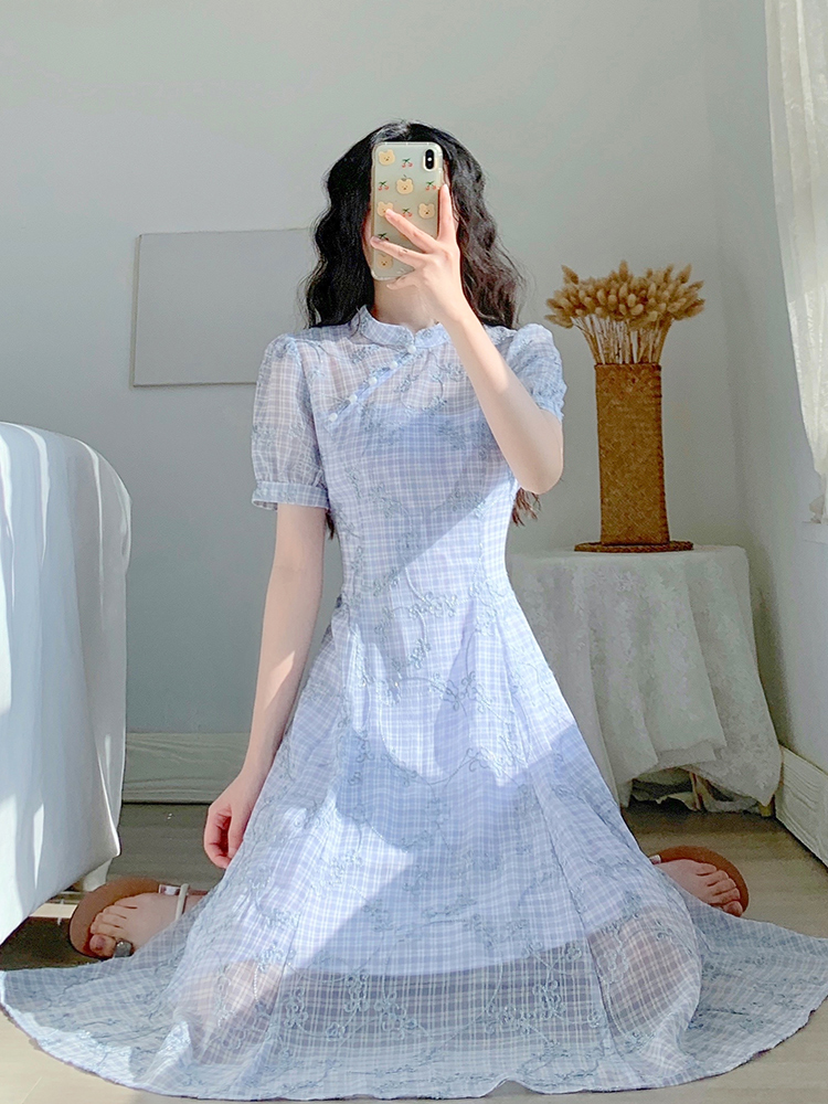 チェック服 花柄刺繍チェック柄チャイナ風ワンピース