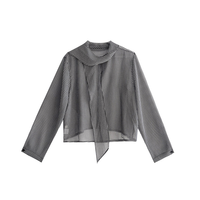 チェック 服 チェック柄長袖ブラウス リボンタイ付きトップス
