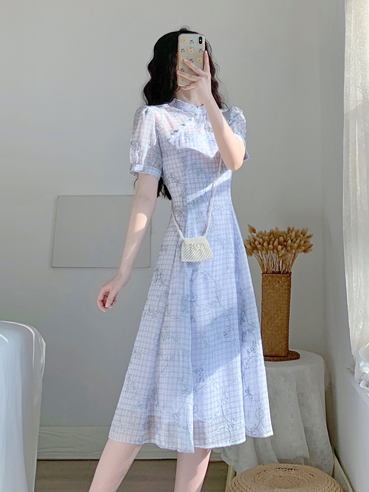 チェック服 花柄刺繍チェック柄チャイナ風ワンピース