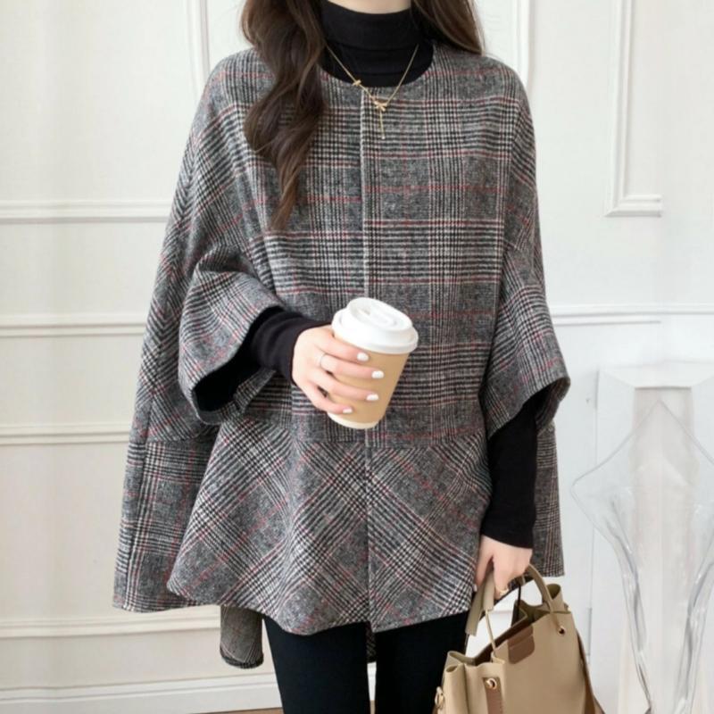 チェック 服 レディースチェック柄マントコート