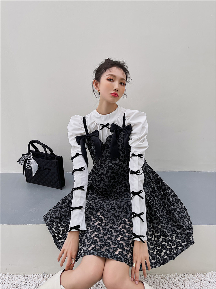 チェック 服 パフスリーブブラウス重ね着風花柄キャミソールドレス