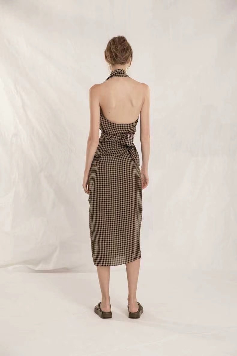 チェック 服 千鳥格子柄ホルターネック背中開きワンピース