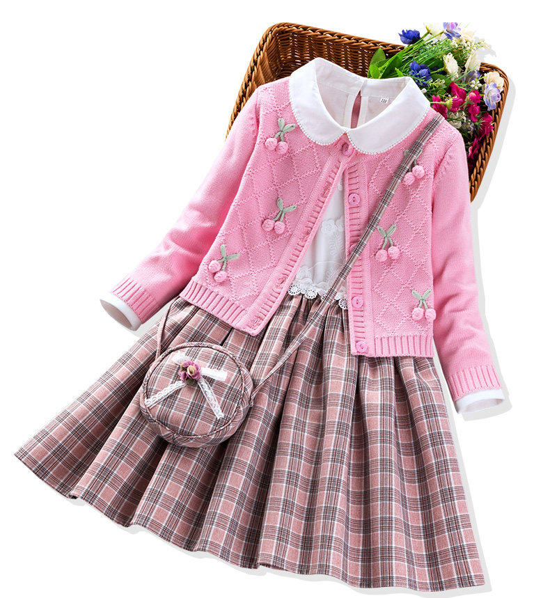 チェック 服 さくらんぼ刺繍カーディガン付き丸襟チェック柄ワンピース