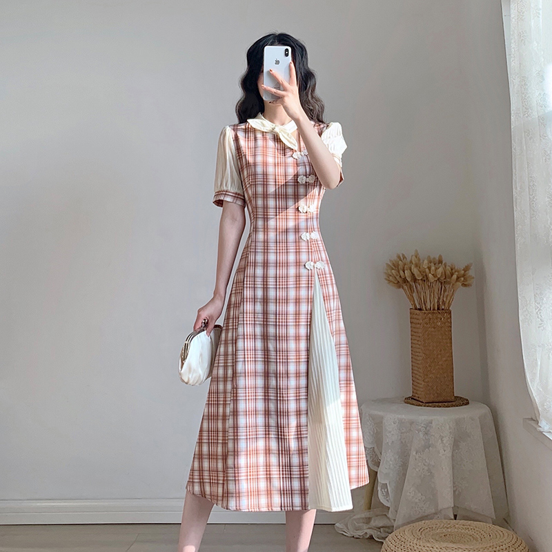 チェック服 チャイナ風チェック柄ロングワンピース