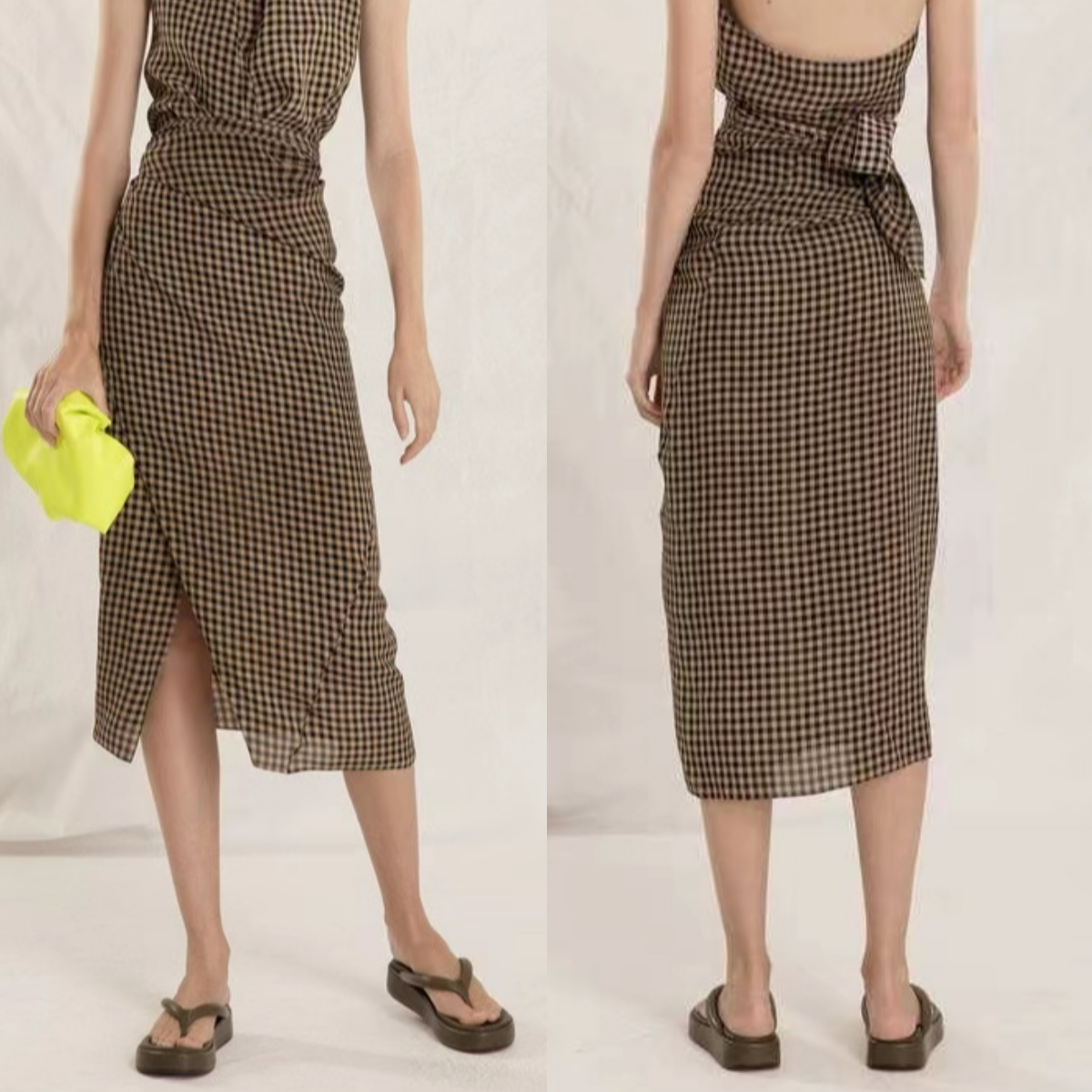 チェック 服 千鳥格子柄ホルターネック背中開きワンピース