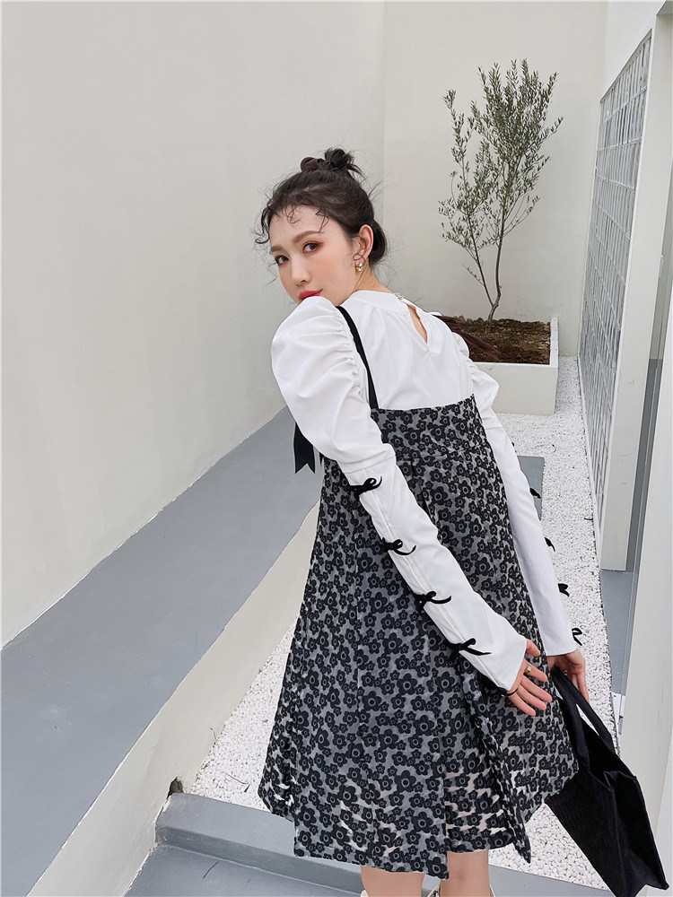 チェック 服 パフスリーブブラウス重ね着風花柄キャミソールドレス