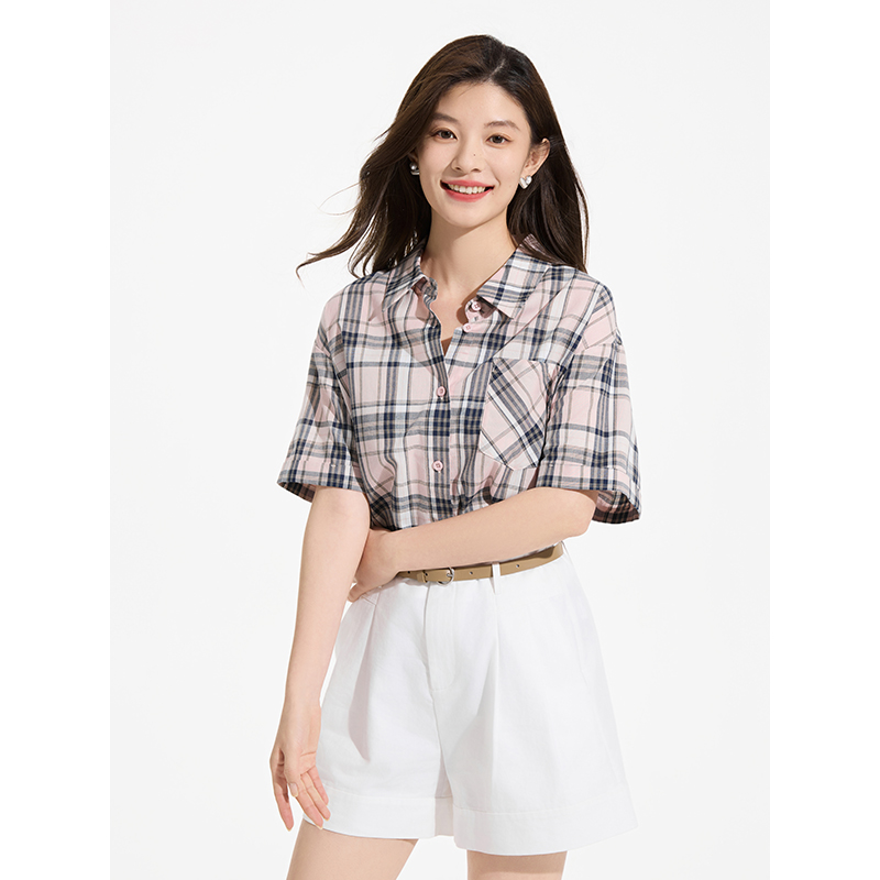 チェック服 レトロ風チェック柄半袖シャツ