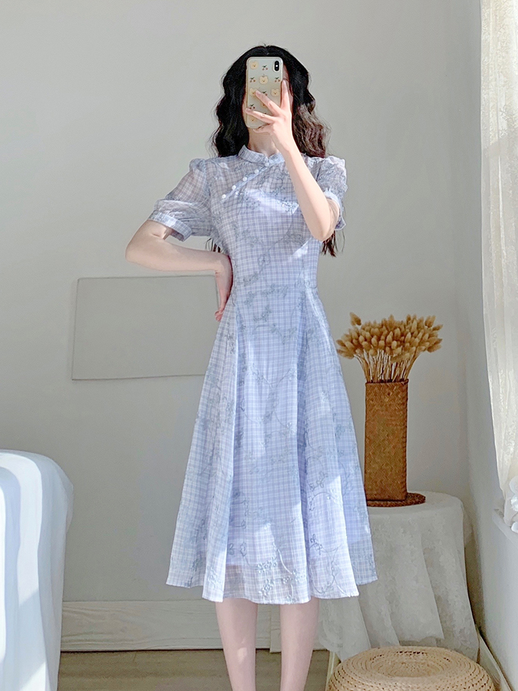 チェック服 花柄刺繍チェック柄チャイナ風ワンピース