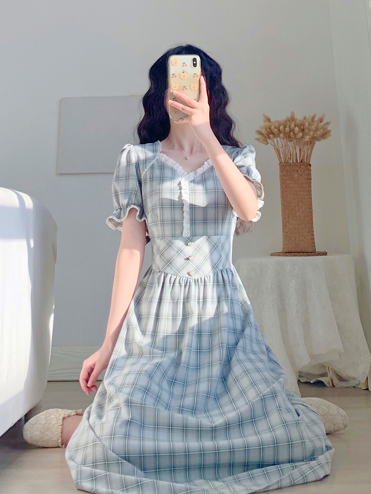 チェック服 ウエストリボンチェック柄ティードレス
