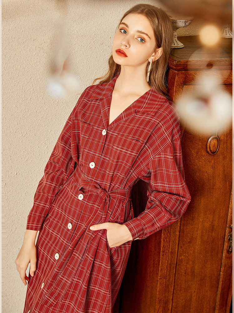 チェック 服 チェック柄テーラード襟ウエストリボンワンピース