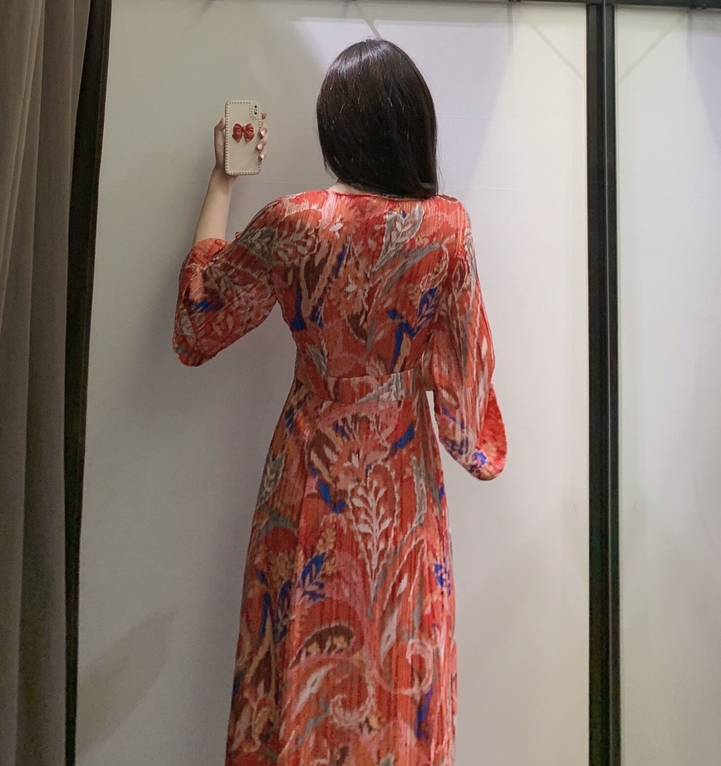 チェック 服 抽象柄プリント深Vネック長袖マキシ丈ドレス