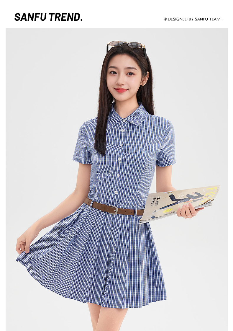 チェック服 チェック柄シャツ襟プリーツワンピース