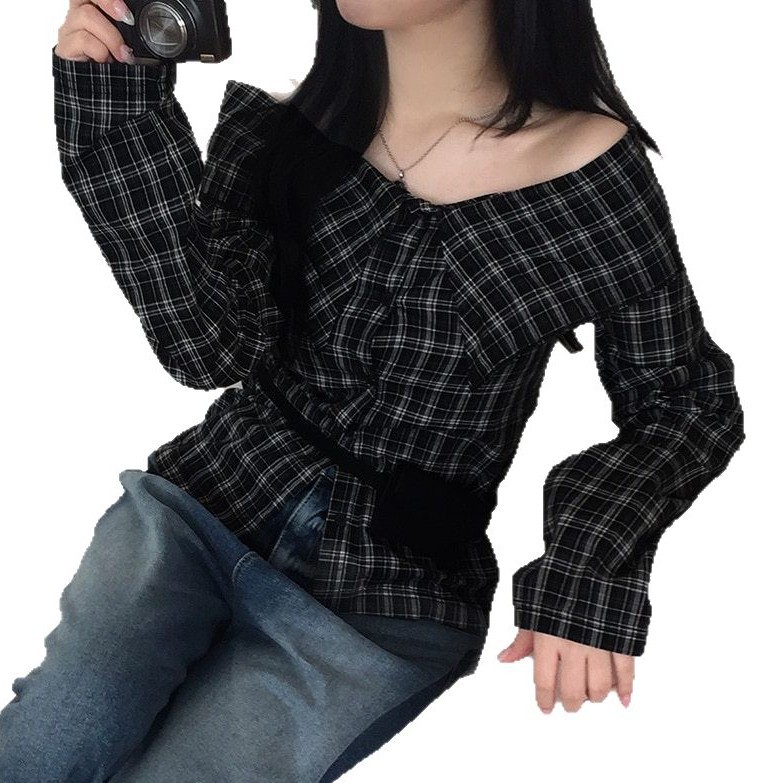 チェック 服 レディース チェック柄 長袖 オフショルダー ブラウス
