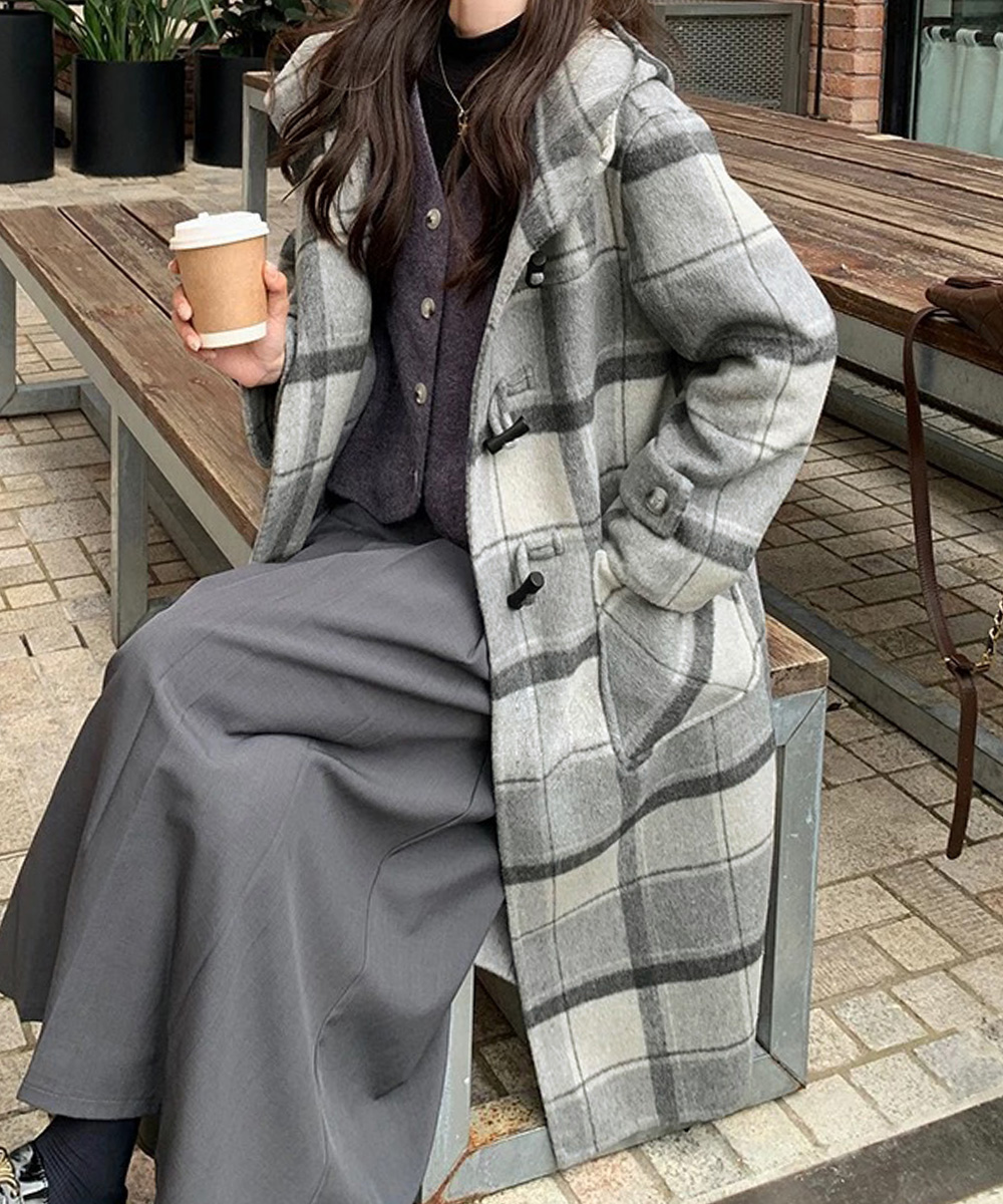 チェック 服 チェック柄フード付きトグルボタンロングコート