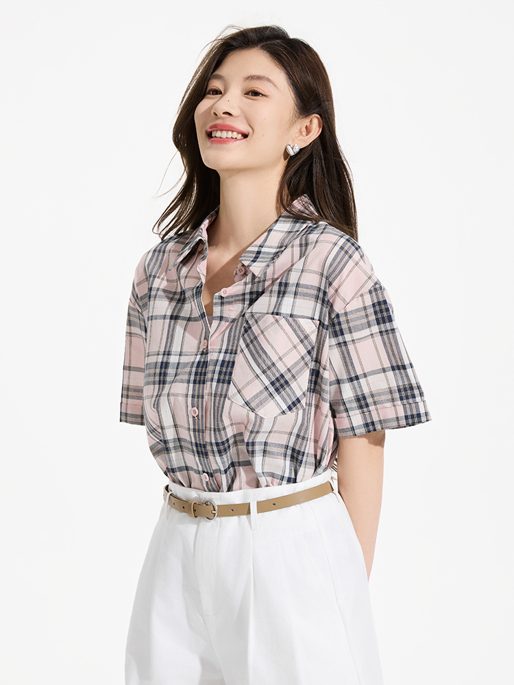 チェック服 レトロ風チェック柄半袖シャツ