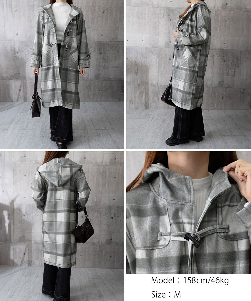 チェック 服 チェック柄フード付きトグルボタンロングコート