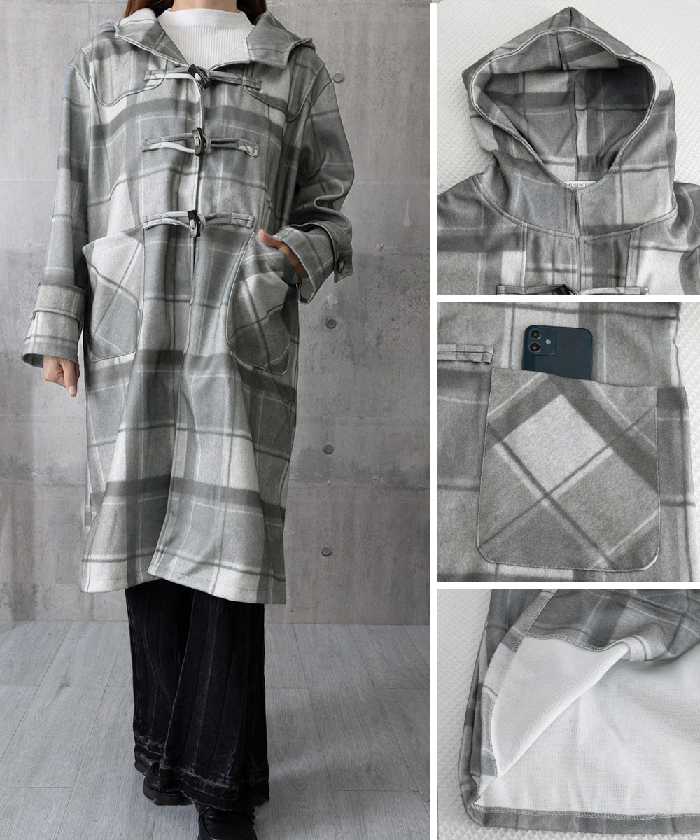 チェック 服 チェック柄フード付きトグルボタンロングコート
