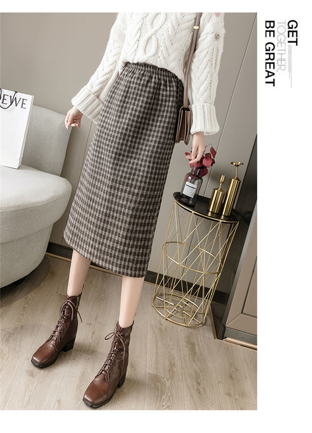 チェック 服 チェック柄ミドル丈裏起毛スリット入りスカート