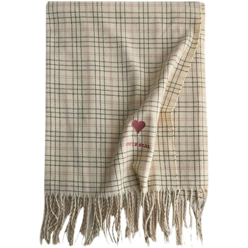 チェック 服 ハート刺繍入りチェック柄フリンジマフラー