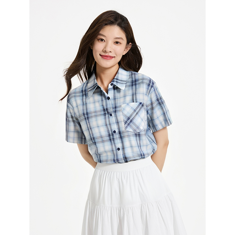チェック服 レトロ風チェック柄半袖シャツ