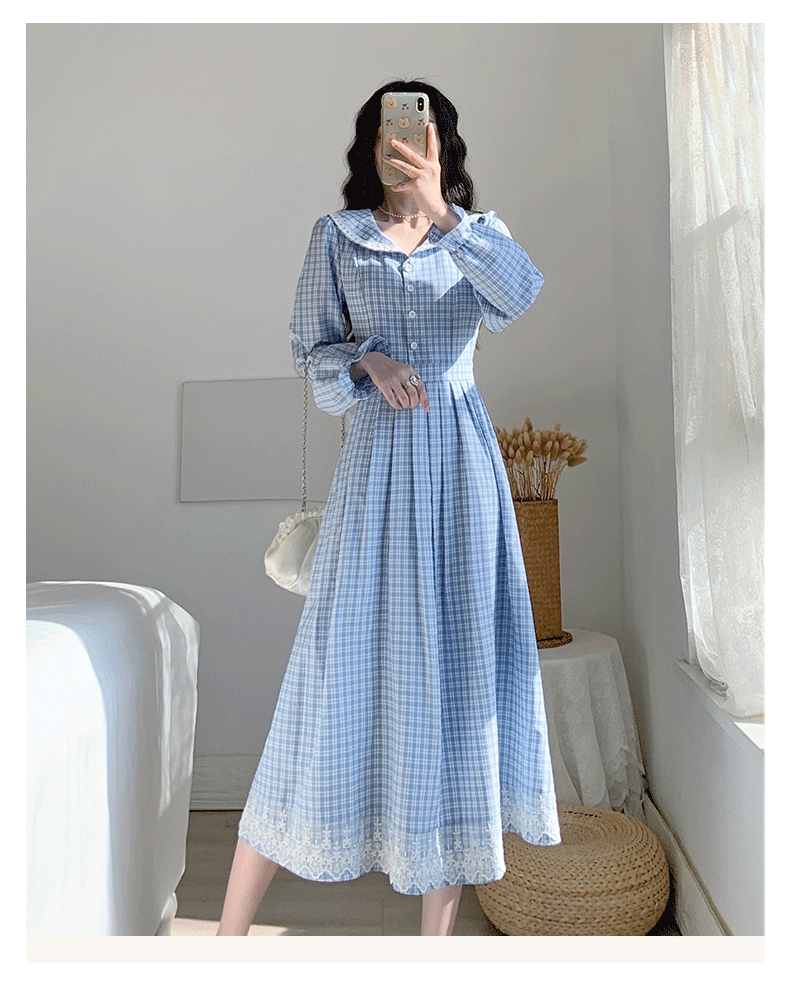 チェック服 クラシカルチェック柄レース切替フレアワンピース
